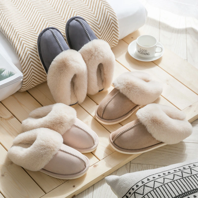 Warm Plush House Indoor Outdoor Winter Fluffy Fur Women's Slippers with Rubber Sole
