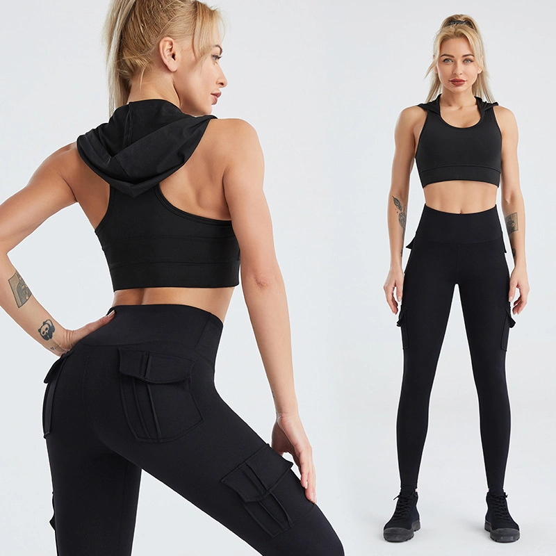 Wear for Women Hooded Sleeveless Slim Fitted Shirt Stretchy High Waist Back Pockets Leggings Yoga Gym Fitness Wear