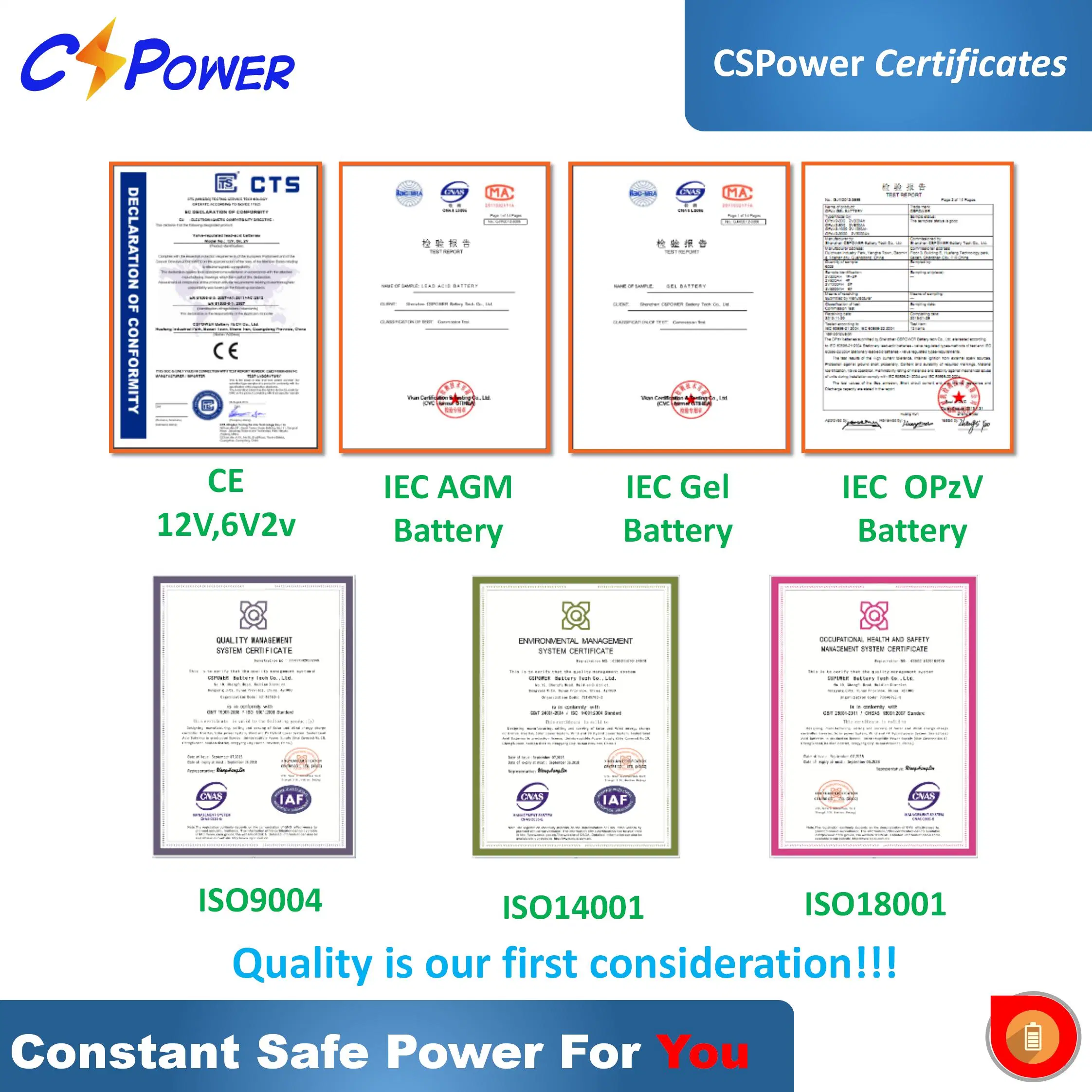 Cspower Bateria de Chumbo-Carbono de Ciclo Profundo Recarregável de Carregamento Rápido de Longa Vida 2V/6V/12V 100ah/200ah/250ah/400ah para Sistema de Armazenamento de Energia Solar/CSD