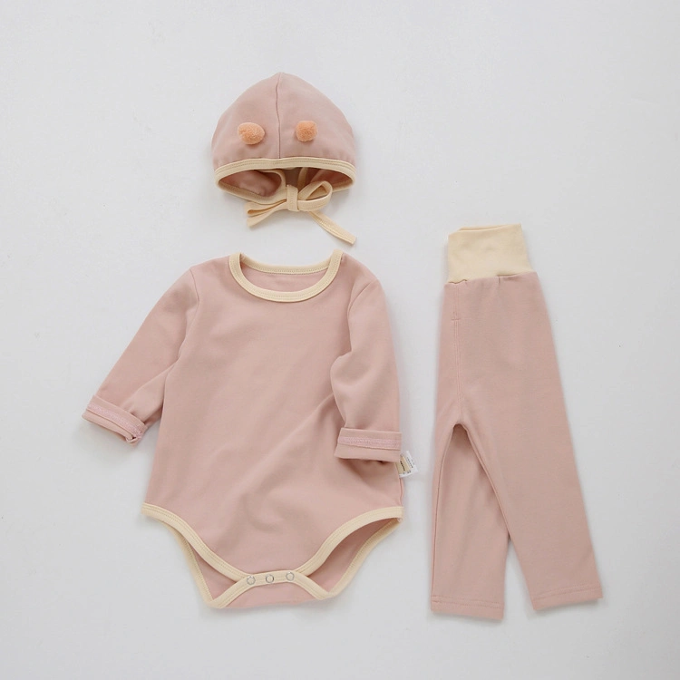 Latest Spring Autumn Solid Pajamas Bodysuit Unisex Boys Girls 3PCS Knitted Baby Clothes Romper Set