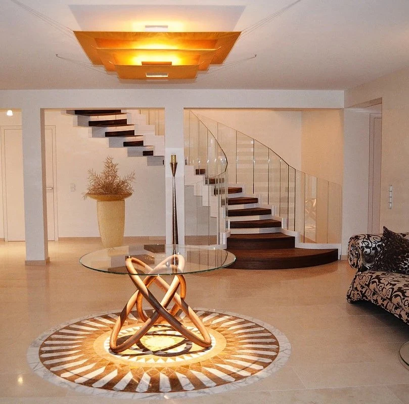 Contemporary House Interior White Marble Steel Customized Round Stairs