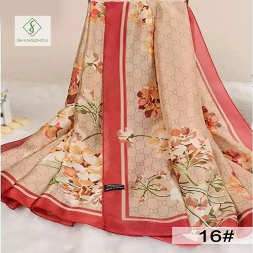 Hot Sale Lady Fashion Satin Silk Scarf with Flower Printed