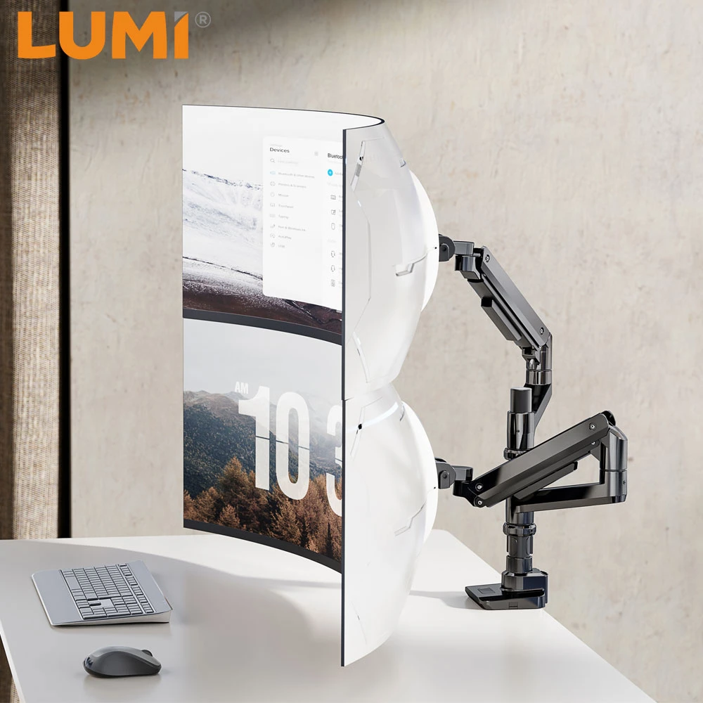 China Heavy Duty Ultrawide Tisch Mount Dual Einstellbare Gasfeder Dual Monitor Arm für bis zu 49 Zoll 44lbs 100x100 VESA Convex Monitor Factory Manufacture