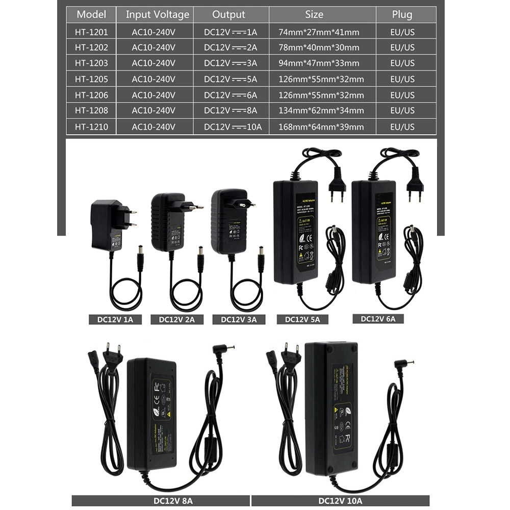 DC12V Adapter AC100-240V Lighting Transformers Output DC12V 1A 2A 3A 5A 6A 8A 10A EU / Us Plug Power Supply for LED Strip