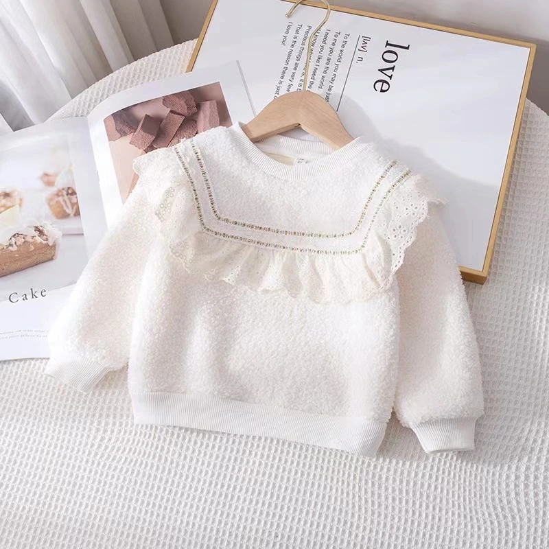 Kid's Sweater Round Neck Plush Long Sleeve Cotton Pure Colour Girl Pullove