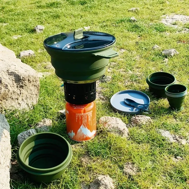 Four Piece Set Silicone Collapsible Camping Cookware Camping Pot Cookware Set for Outdoor