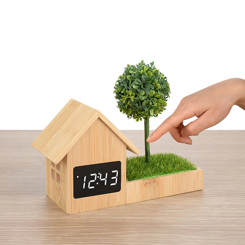 Custom Gift Home Decoration Real Bamboo House Shape Solid Wood Alarm Clock