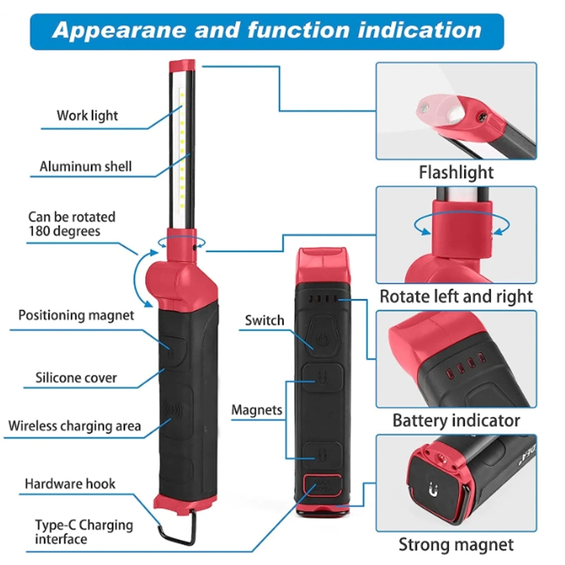 Luz DE trabajo LED de 1000 lúmenes Luz de trabajo recargable inalámbrica con Base magnética y gancho