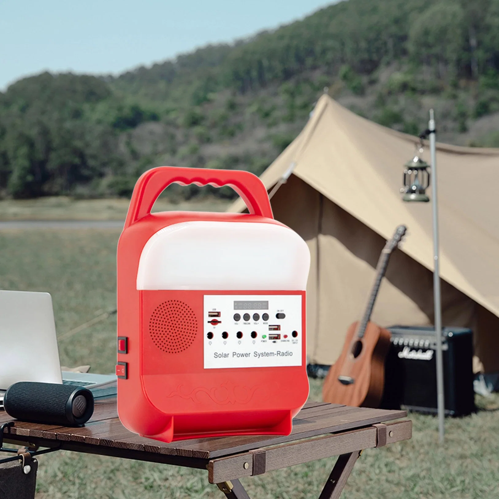 Tragbares Solarbeleuchtungssystem mit Handy-Ladegerät/Glühlampe/UKW Radio/Bluetooth Lautsprecher für Zuhause und Camping Sre-585