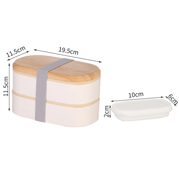 Eco-Friendly Plastic Wooden Elastic Belt 2 Layers Bento Lunch Box with Utensils Food Container Set for Adult Kids