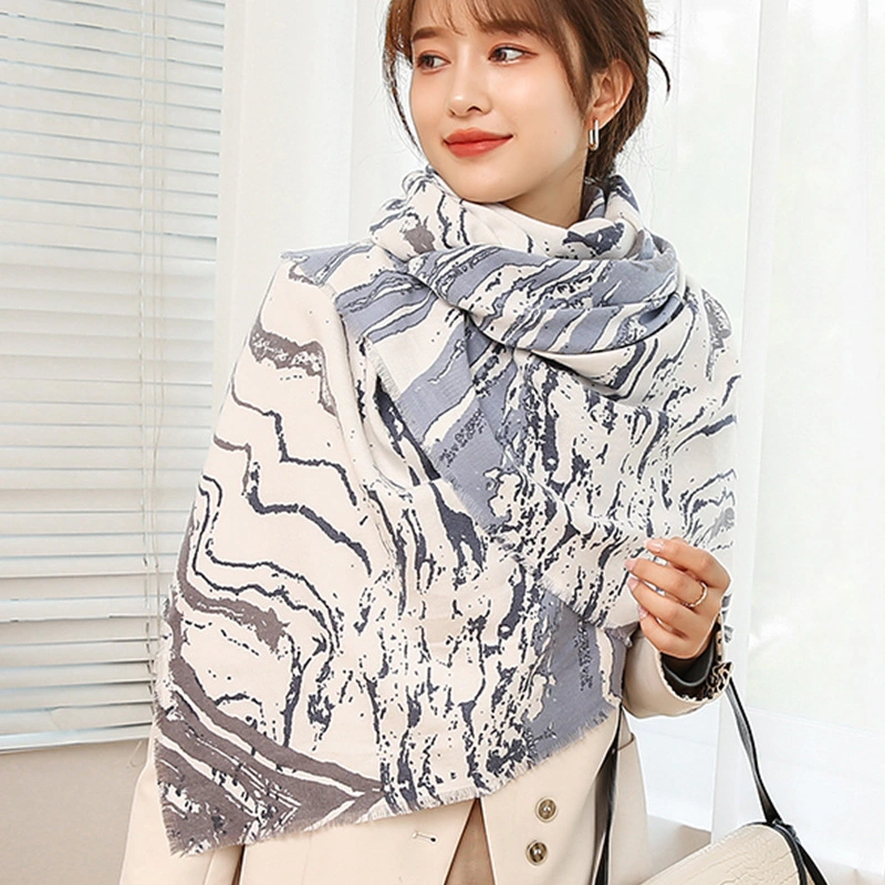 Marble Contrast Color Printing Warm Long Knitted Pashmina Shawl