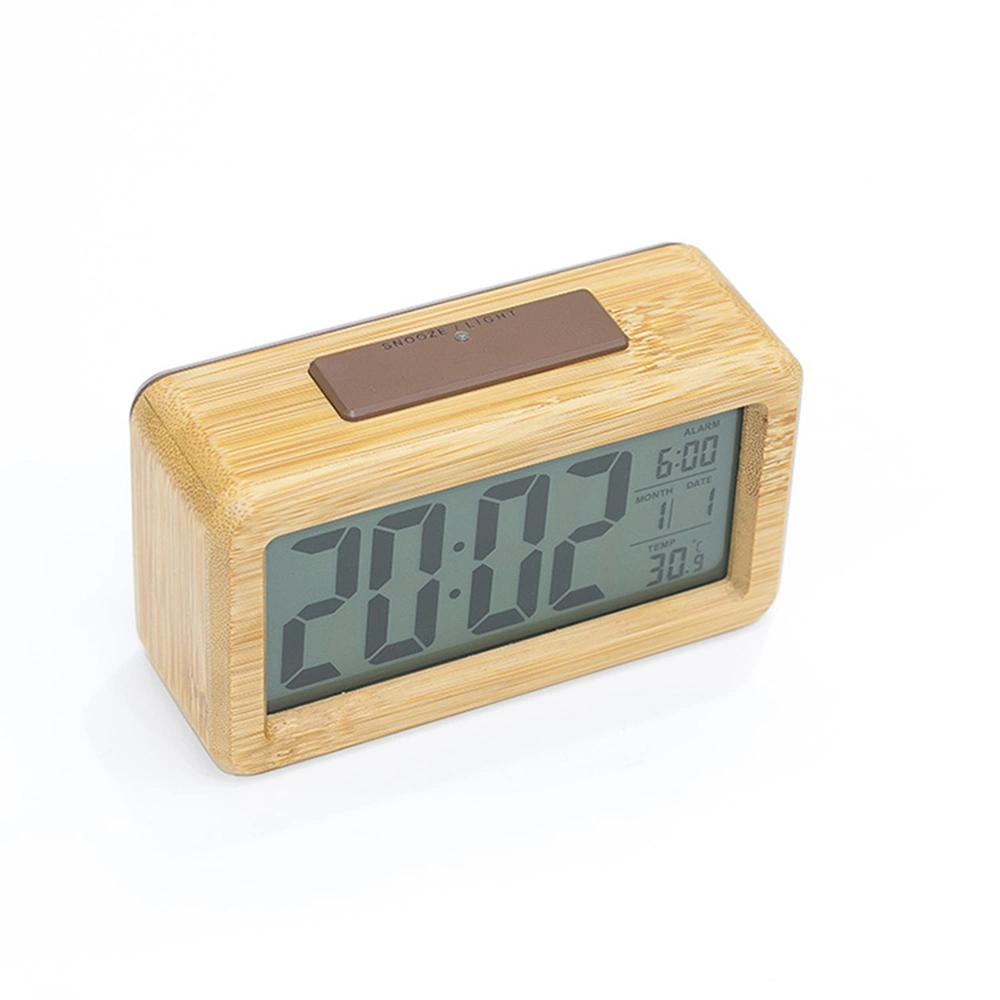 Natural Wood Bamboo Frame Digital LCD Alarm Clock Temperature Display Power Saving Clock