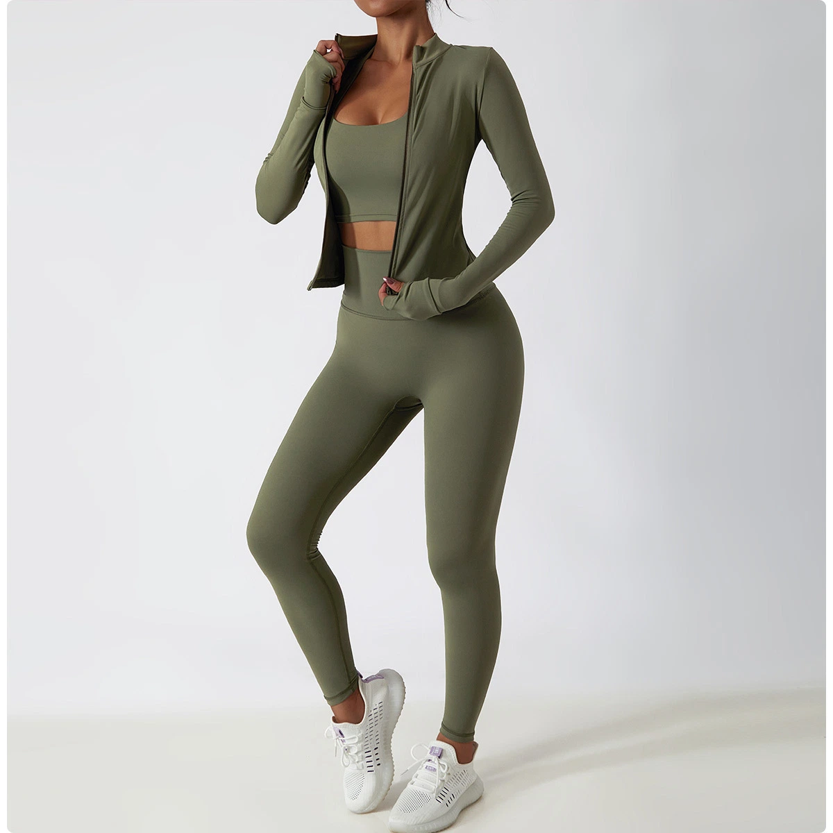 Wholesale/Supplier Custom Tracksuits 2/3 Pieces Fitness Yoga Set Women Solid Color Running Gym Suit Long Sleeve Jacket Sexy Bra High Waist Leggings Workout Sports Wear