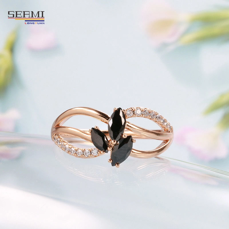 Black Agate Ring with Zircon Rose Gold Plated Fashion Ring