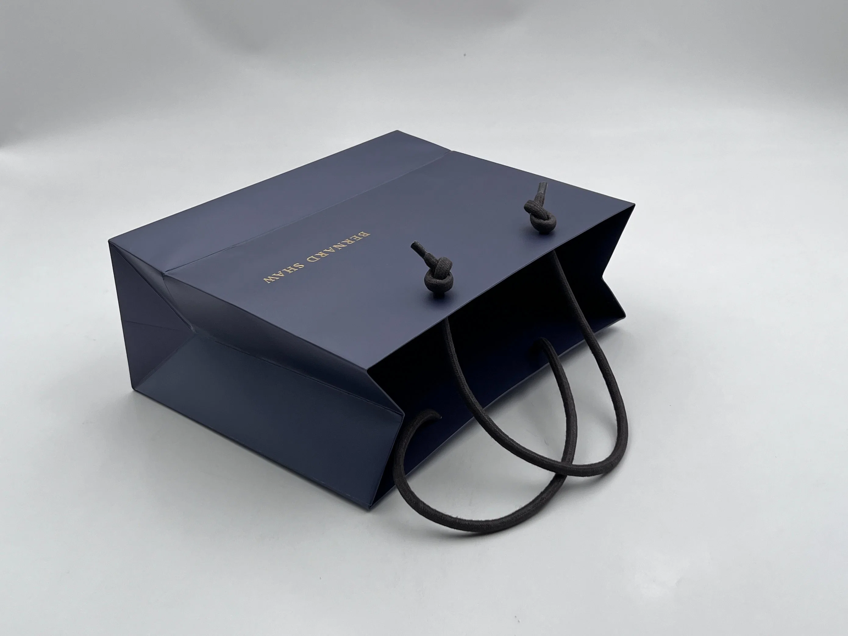 New Gold Logo Hot Foiled Stamping Navy Blue Matt Coated Art Paper Bag with Fashion Rope Handles