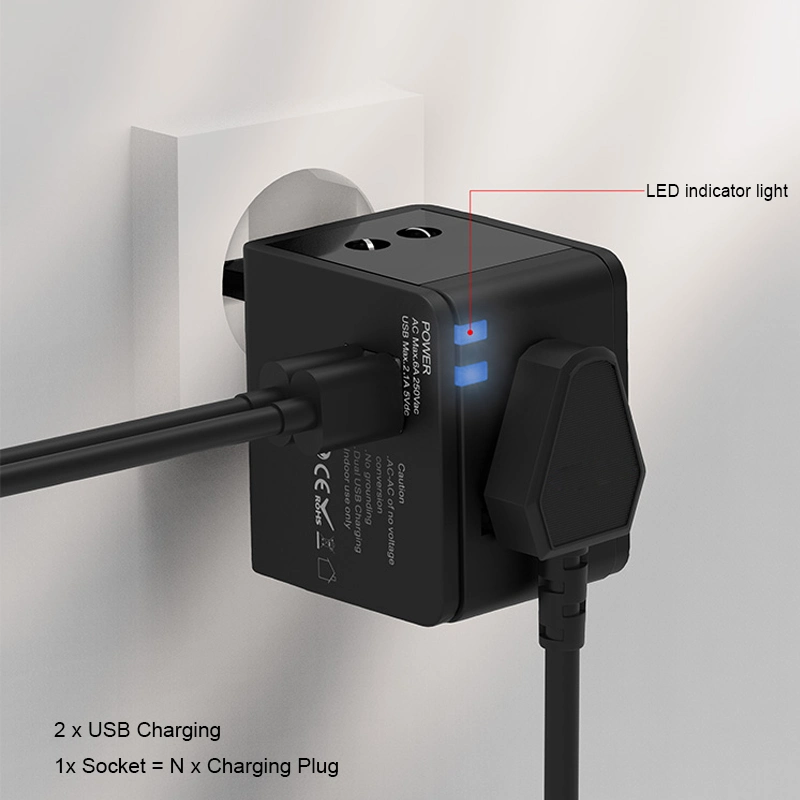 Adaptador universal para viagem universal tudo-em-um alimentação CA de parede Carregador de parede com adaptador de ficha e portas de carregamento USB duplas para Portátil de telemóvel Aus EUA eu UK Preto