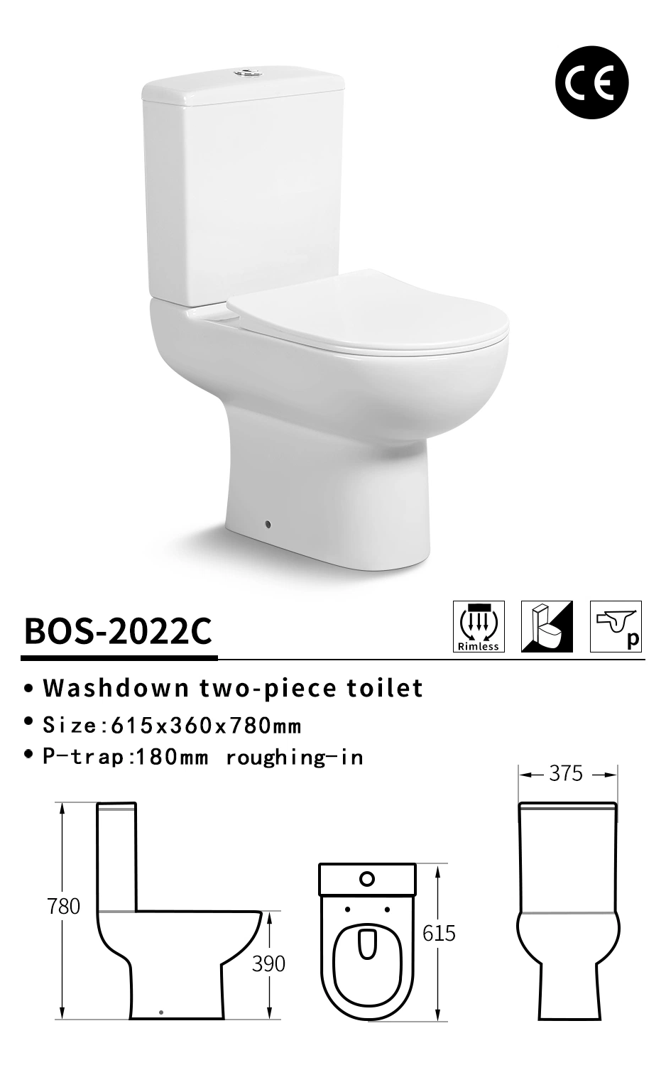 Lavabo de cerámica de P-Trap Rimless dos piezas de baño Wc Sanitaryware