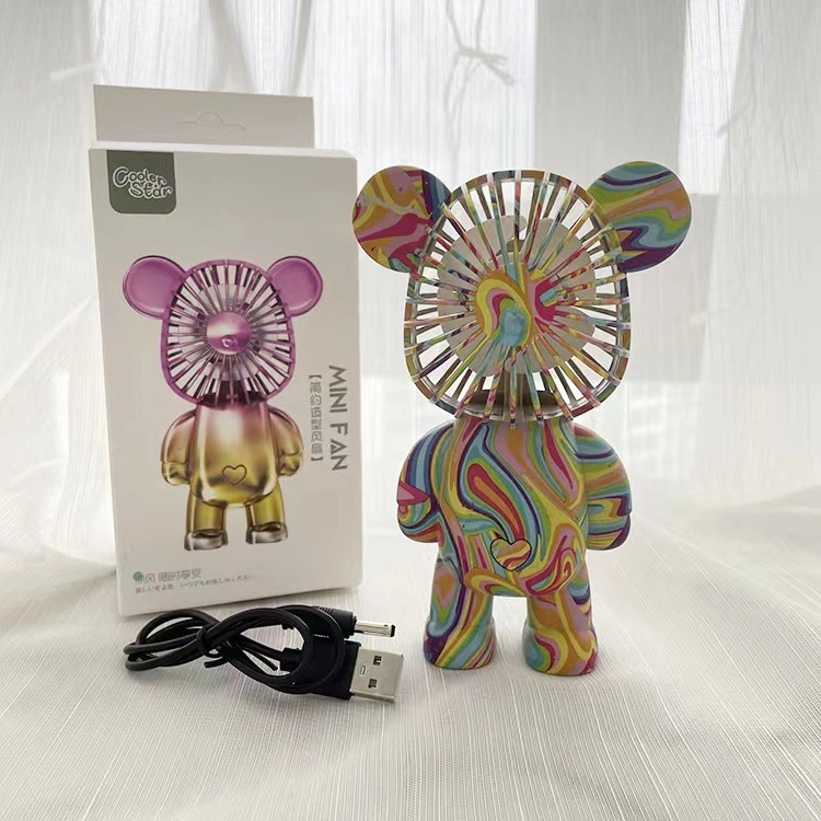 Color Graffiti Bear Fan USB Charging Three-Speed Portable Gift Net Red Desktop Mini Gradient Electroplating Bearfan