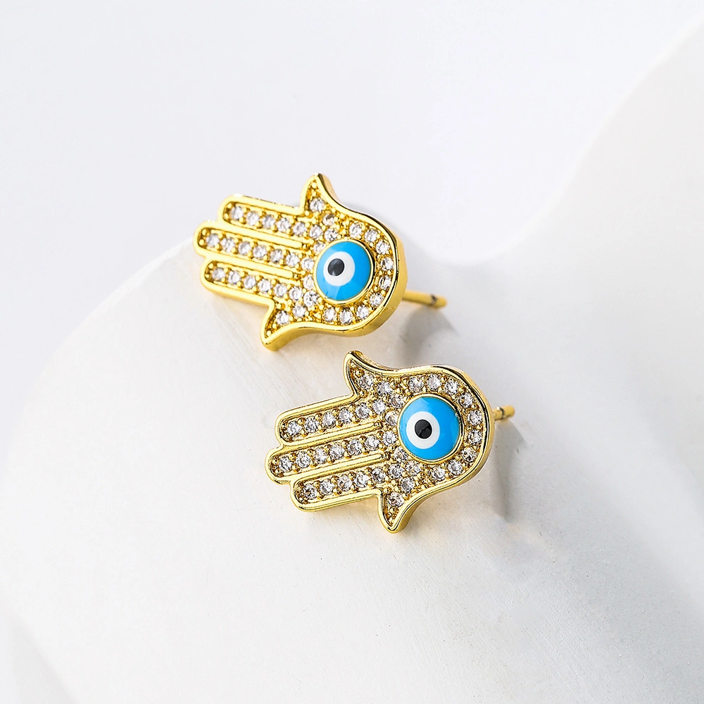 Europäische und amerikanische Mode Kupfer überzogenem 18K Gold Micro-Inset Zircon Fatima Hand Eye Ohrstecker Weibliche Schmuck