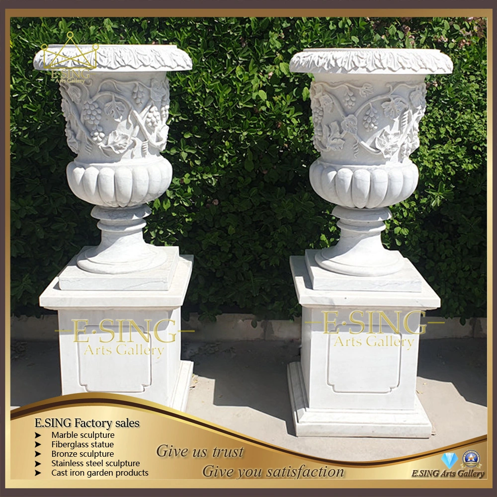 Garden Stone Furniture Flower Vase White Marble Planter Stone Carving Pots Marble Vase for Sale