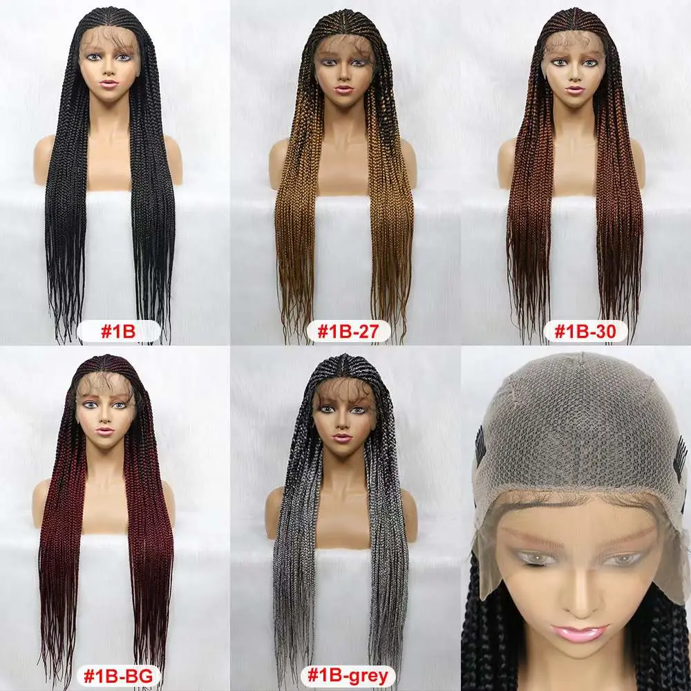 Fornecedores de pêlos sintéticos Glueless Grosso Caixa formados por Africanos Entrelaçando Hair Peruca Full Lace Frente Cabeleiras trançada para mulheres negras