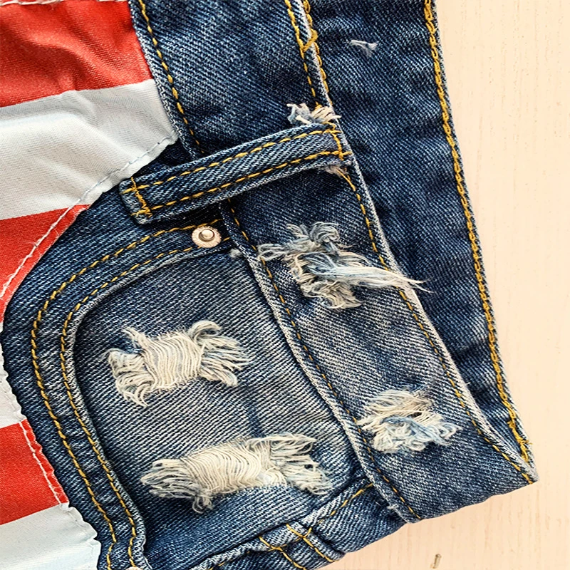 Women Short Jeans American Us Flag Mini Hot Pants Denim Low Waist Washed Distressed Short Jeans Esg14338