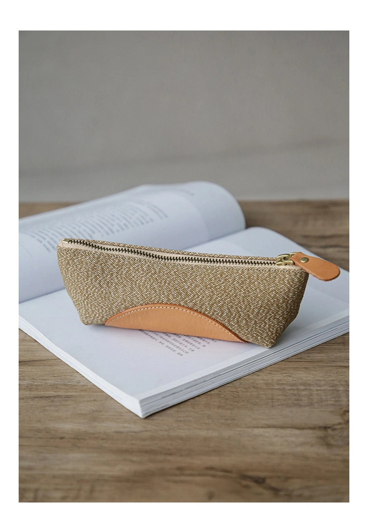 Promotional Gift Customized Embossed Logo Pencil Case Fashion Linen&PU Stitching Cosmetic Bags