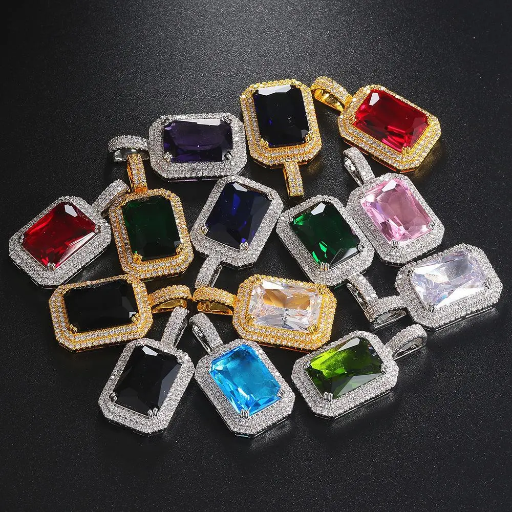 Solid Square Zirconia Pendant Full of Diamonds with Large Colored Stones Necklace