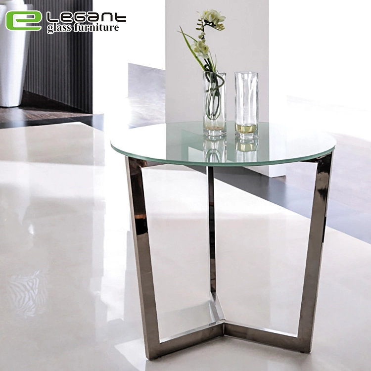 Ronda industrial moderna mesa de té de metal con Cristal Top