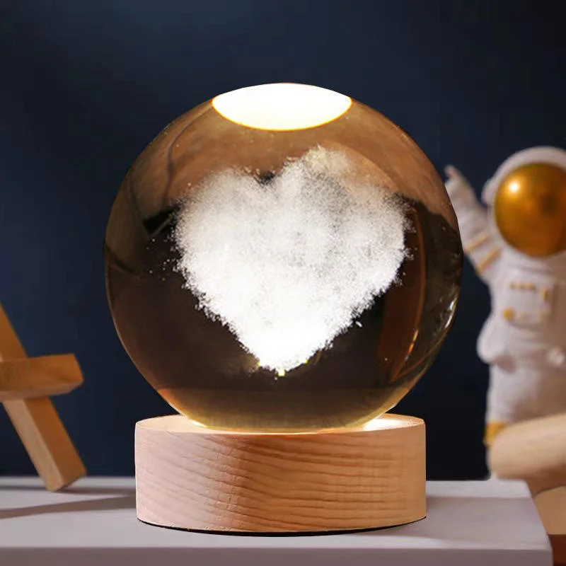 Christmas Gift 3D Galaxy Crystal Ball Wooden Base Solar System Planet LED Light Bedroom Table Desk Decoration Night Light