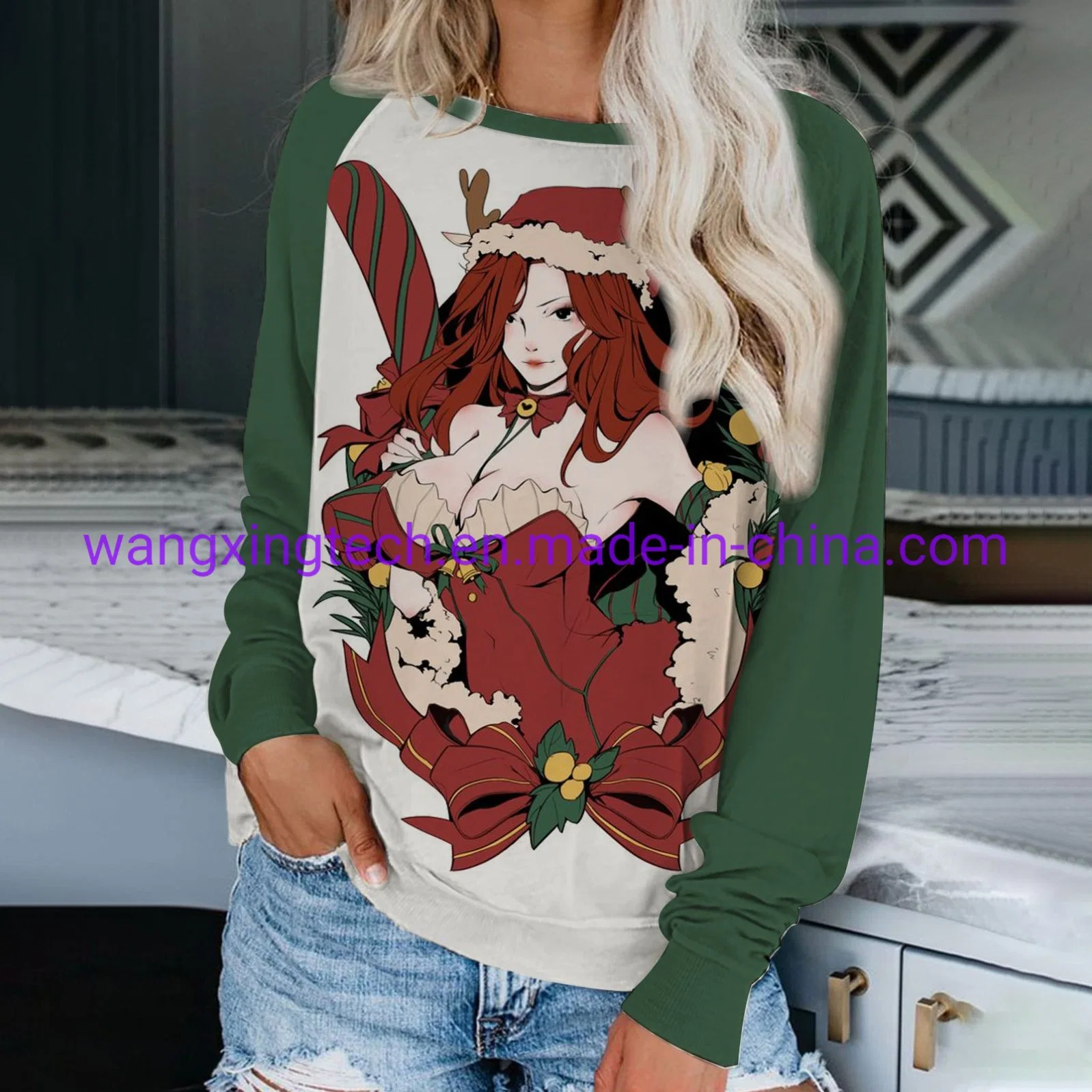 Großhandel 2022 Herbst und Winter Neue Frauen Weihnachtsjacke Druck 3D Pullover Lässiges Langarm-Shirt mit Rundhalsausschnitt