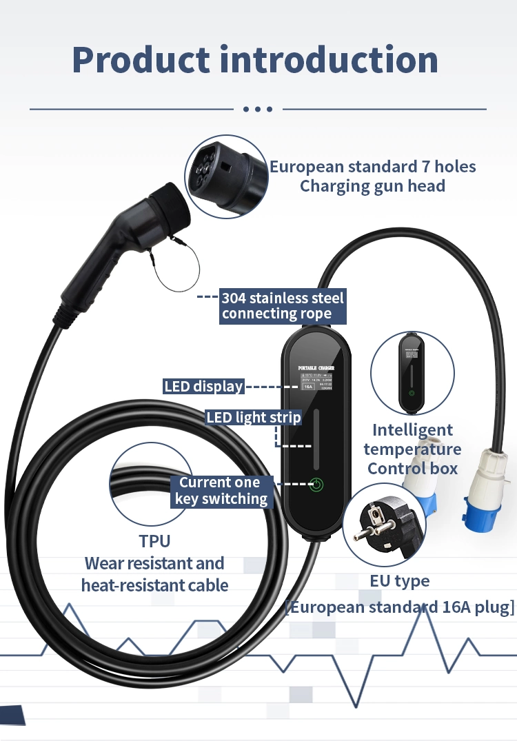 AC European Standard Type 2 EV Charger Electric Vehicle Charger Portable 16A 3.5kw 7kw EV Charging Station Mobile Power