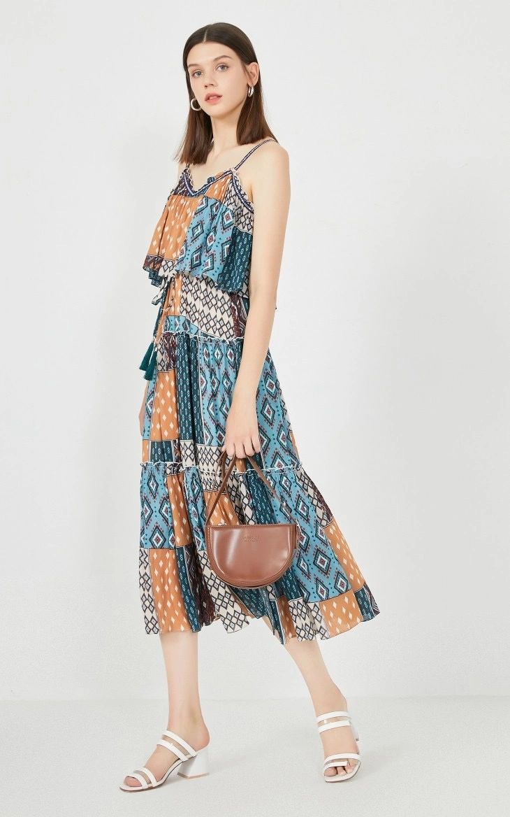 Summer Patchwork Printed Casual Lovely Ruffle Slip Beach Girl Dress