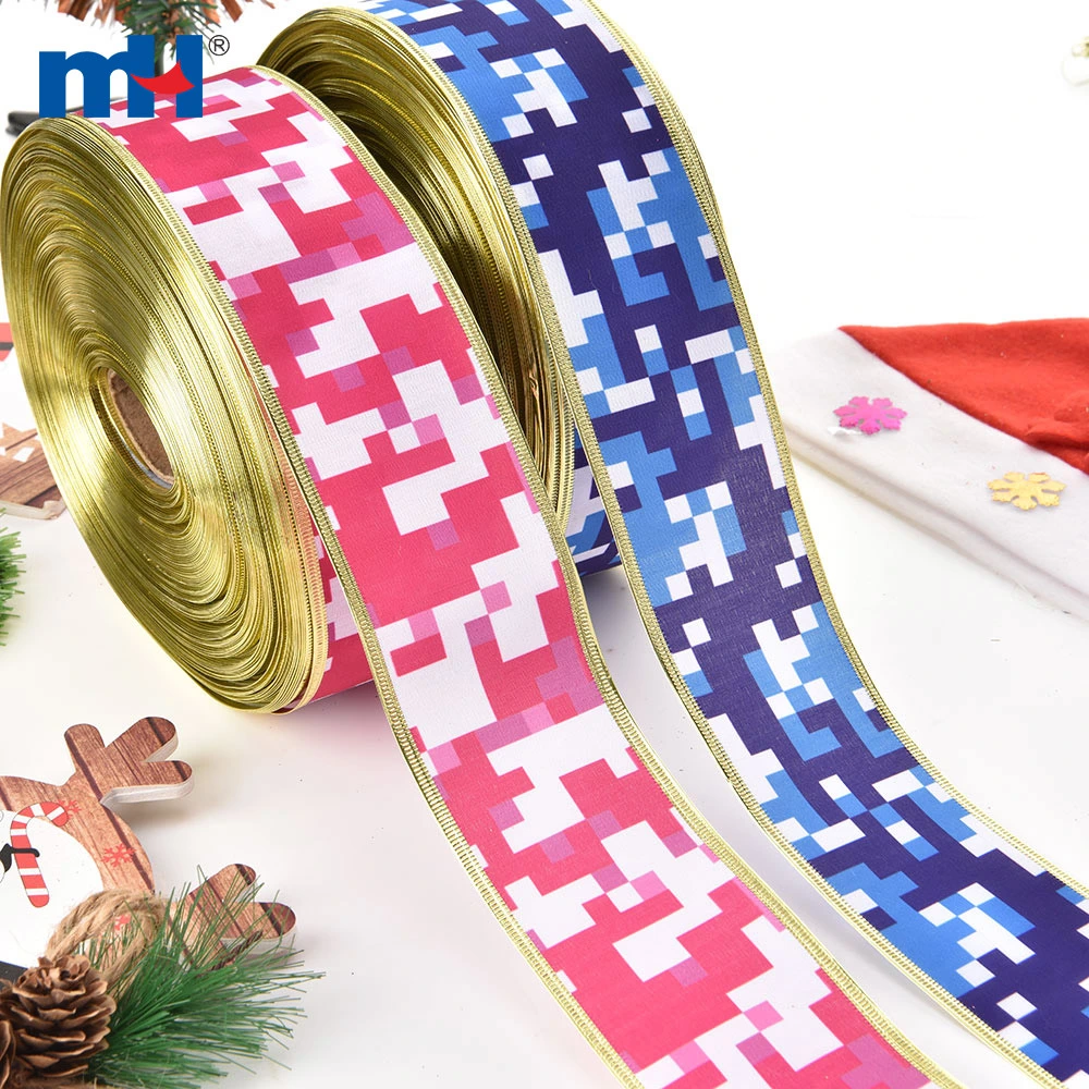 One Side Heat Transfer Camouflage Printing Tc Fabric Wired Edge Christmas Ribbon