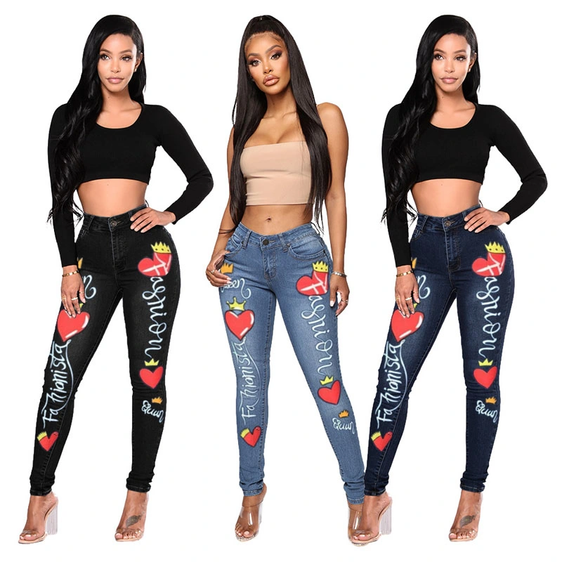 Hot Summer Women's Fashion All Match Tight Love Printed Jeans Female (CFJPFM-034)