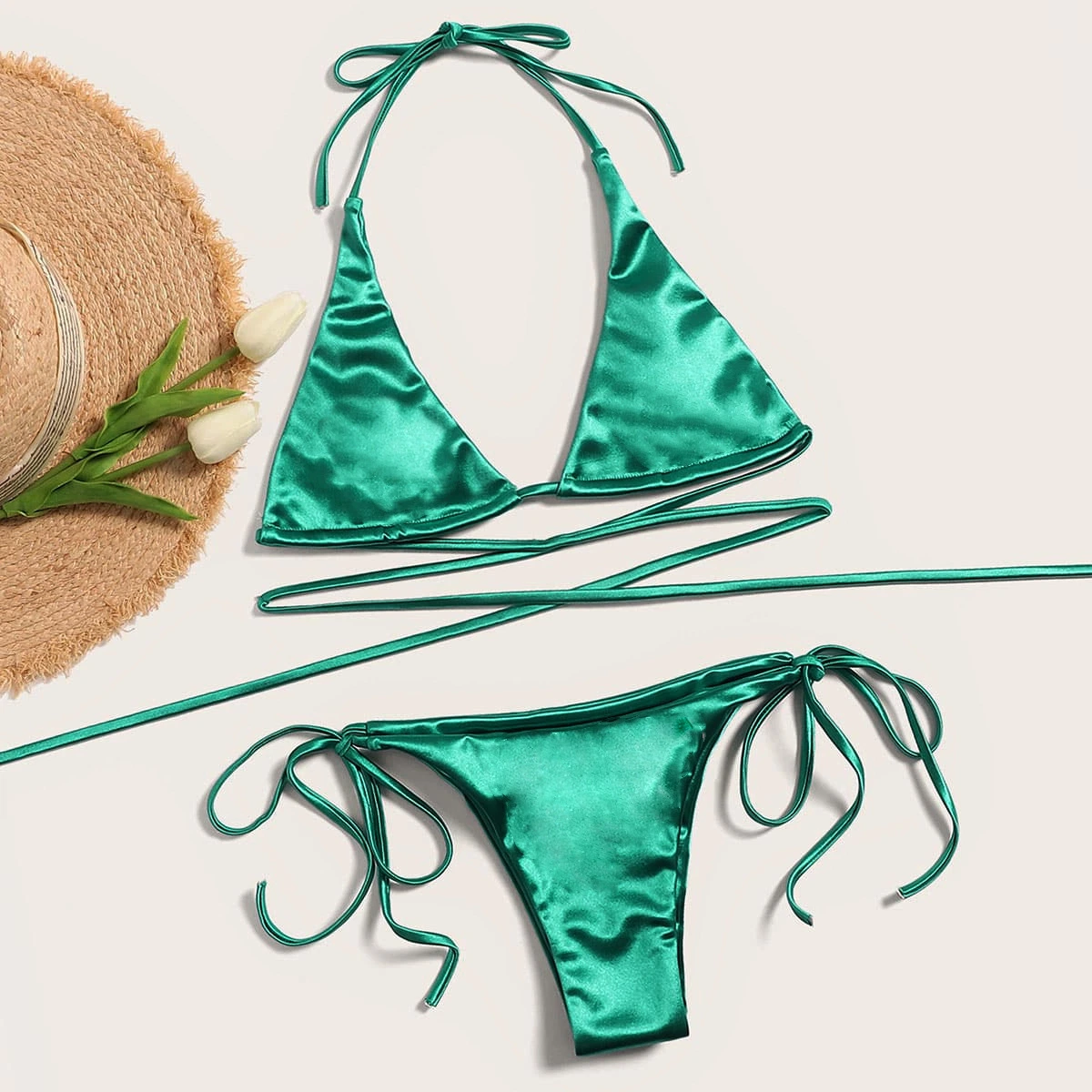 Sexy String Swimwear Women Beachwear Green Satin Bikini Set