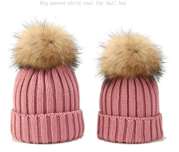 Parent Children Real Fur Pompom Knitted Hat New Candy Colors Winter's Hat Women Knitted Hat Warm Soft Trendy Hat Fashion Beanie Lady's Chic All-Match Hat