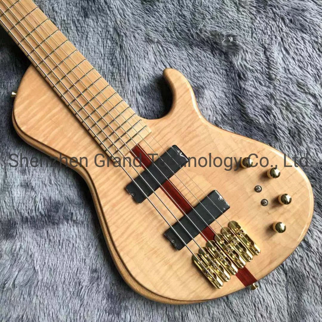 Custom Neck Through Body Flamed Maple Top Ash Body 6 Strings Electric Bass with 940mm Scale Lengthen Ebony Fingerboard