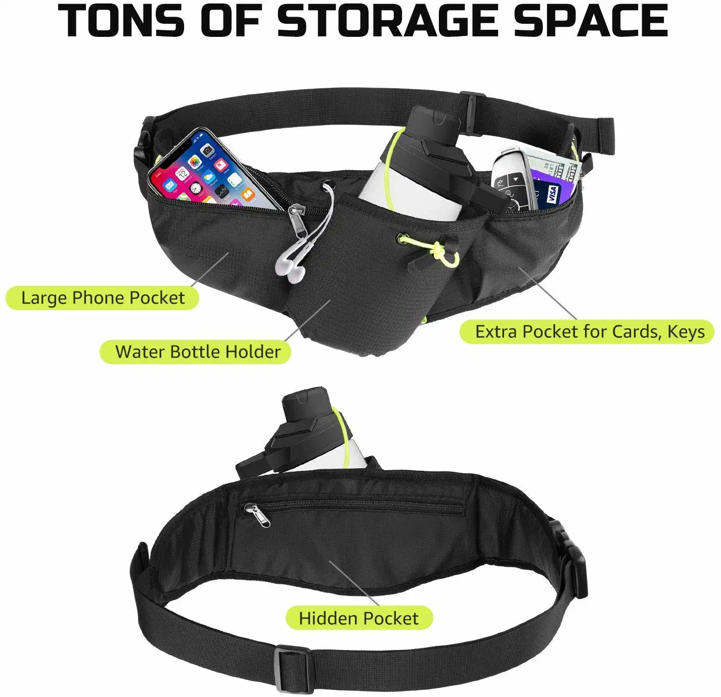 Multi-Pocket Waist Bag, Running Pouch Belt with Water Bottle Holder Wbb12967