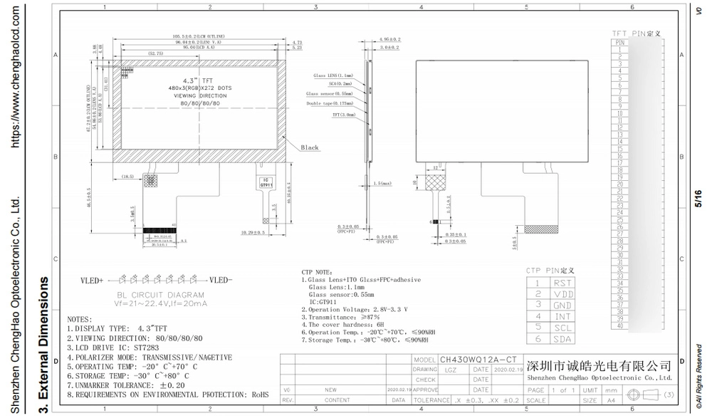 -20 +70 Betriebstemperatur 4,3inch LCD-Modul das medizinische TFT Bildschirm