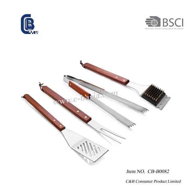 4PCS Stainless Steel BBQ Tool Set with Wooden Handle, Outdoor Camping Barbecue Grilling Tools Set, BBQ Grill Tools, Grill Set 6