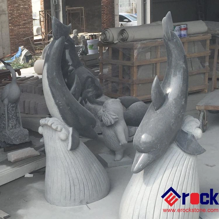 Черный гранит дельфинов Карвинг Каменные статуи для садовых проектов