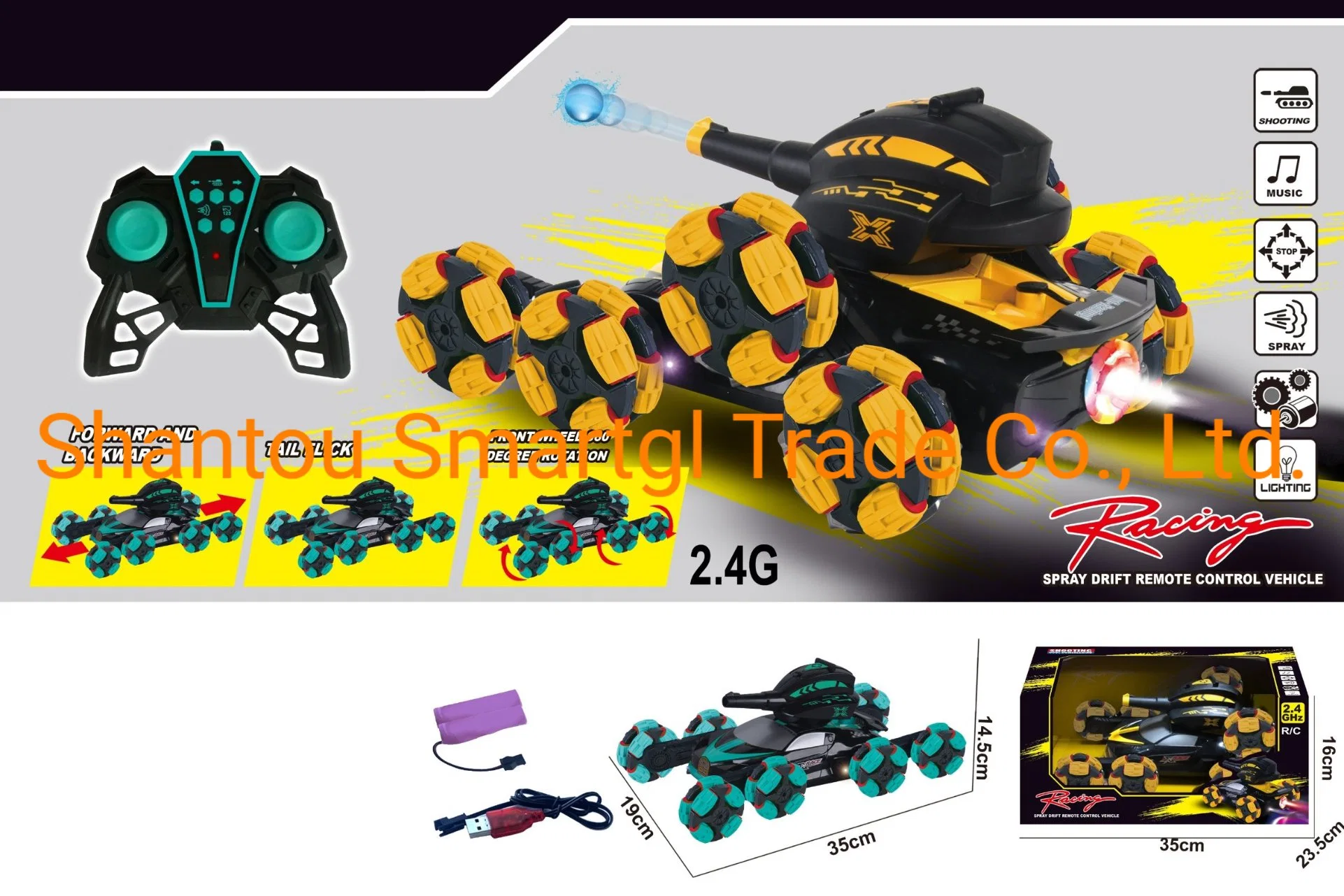 2.4G Spray 8-Wheels 12 Channels Stunt Tank 360 Degree Flip Spray Plastic Remote Control Car RC Car Toy