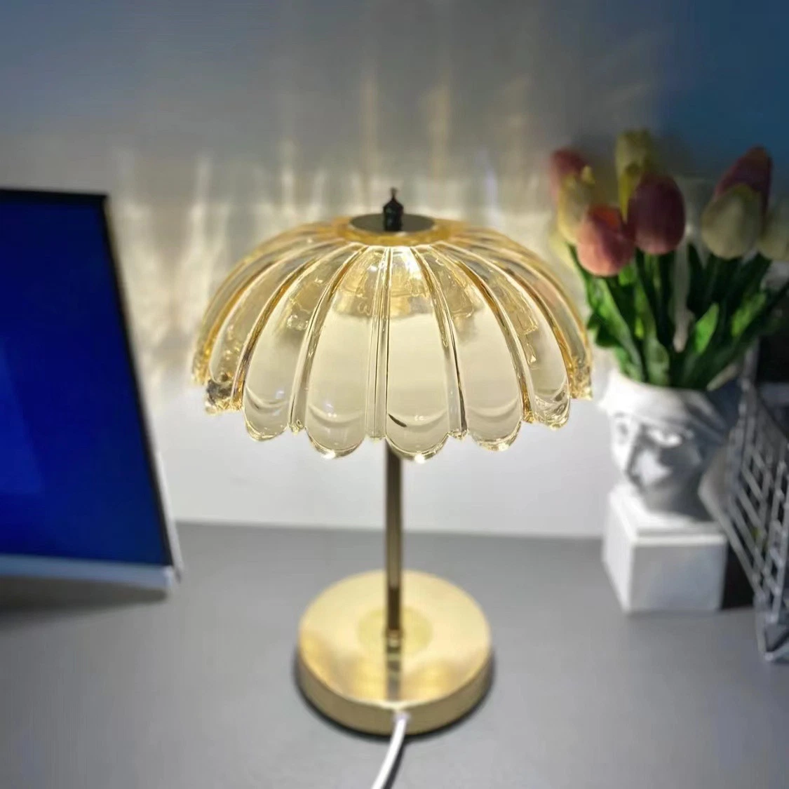 Modern Petal Shaped Crystal Metal Desk Light Bedroom Reading Tri-Color Light LED