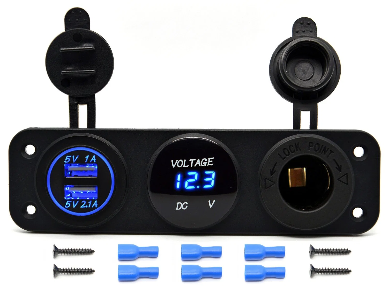 Car Dual USB Charger Socket + LED Digital Voltmeter + 12V Power Outlet Cigarette Lighter Socket Adapters Panel for Car Boat Marine RV Truck