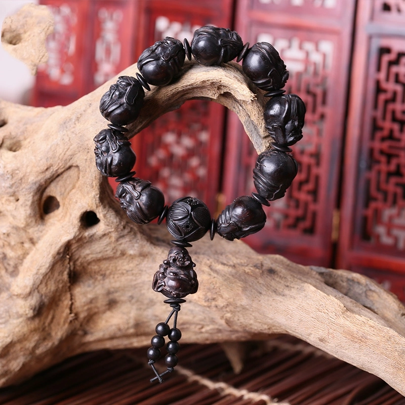 Fine Ebony Buddha Beads Bracelet Sandalwood Handmade Vintage Ebony