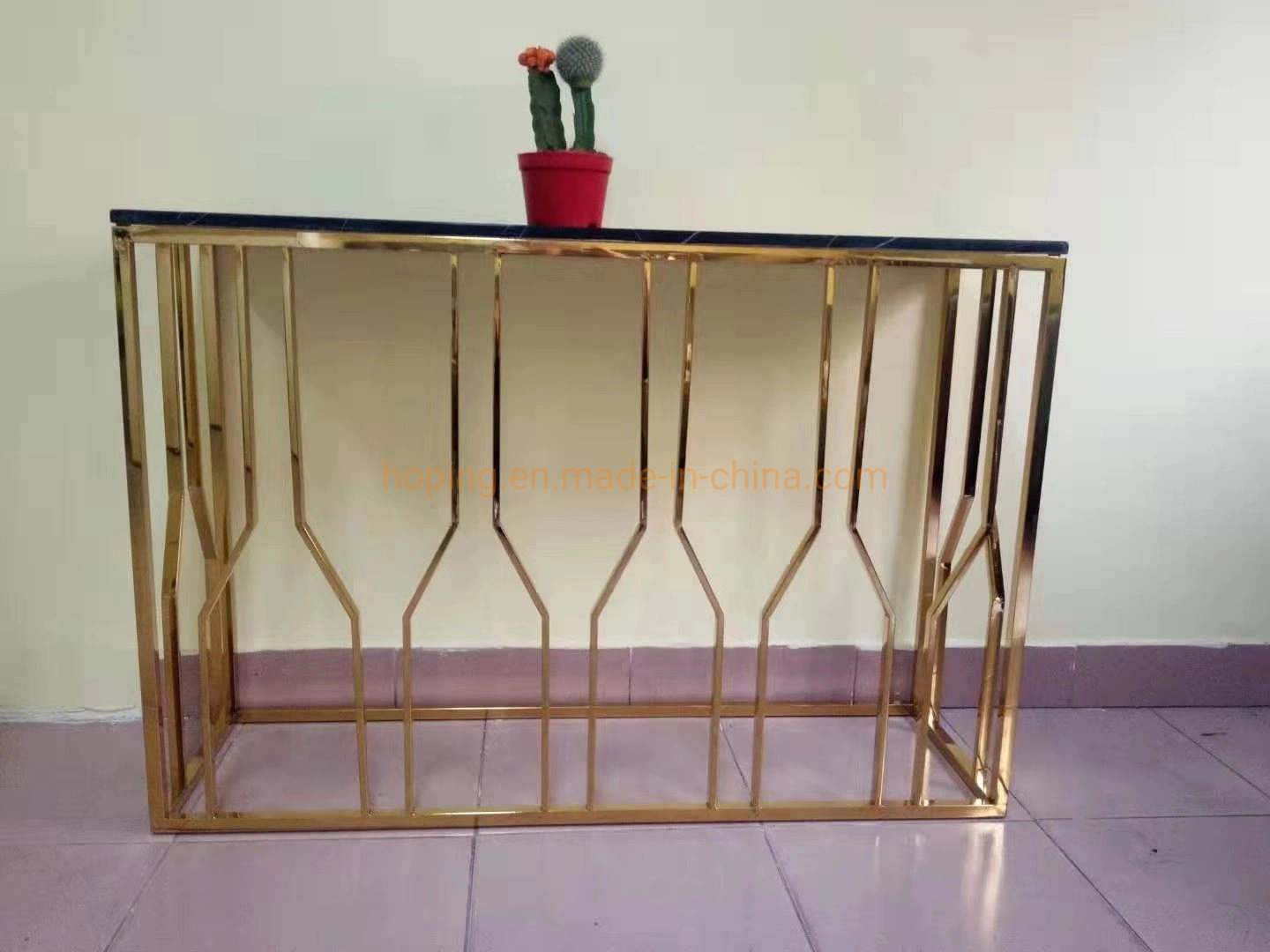 Wedding Dining Table Rectangular Stainless Steel Frame Console Desk in Golden with Brown Thick Top