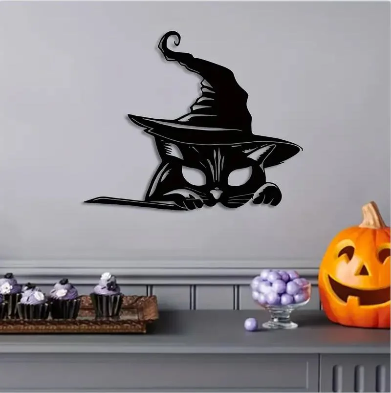 Halloween Outdoor Decorations, Black Cat Halloween Decor, Metal Cat Silhouette Yard Signs for Outside Garden Patio Party Decorations, Scene Decor, Window Decora