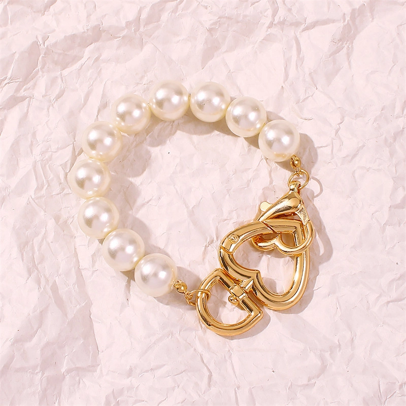 Fashion Jewellery Jewelry French Romantic White Big Pearl Bracelet Classic Luxury Party Temperament Gold Double Love Heart Lock Bangle Bracelet for Women