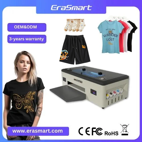 Impressora DTF A3 de tecido de estrutura digital de secretária pequena Erasmart T-shirt para senhora com tecido para jato de tinta da PET Film Heat Transfer Press Máquina de impressão